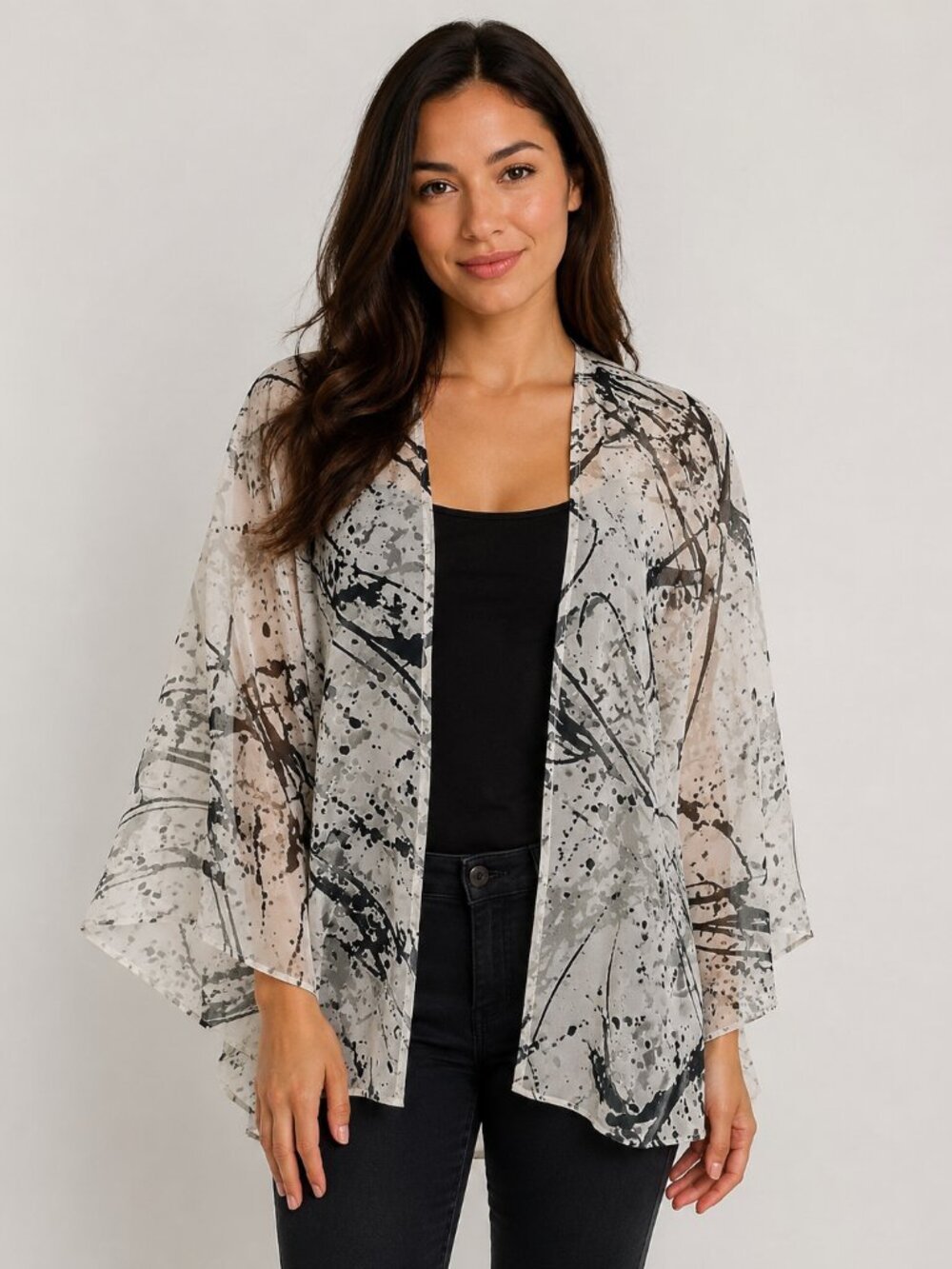 Bongo Women’s Sheer Kimono Cardigan L/G Black Gray Abstract Splatter Print